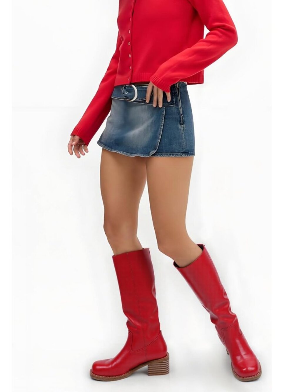 VBDB Red Knee High Boots 6.5 Square Toe Block Heel Wide Calf NIB - Picture 2 of 11